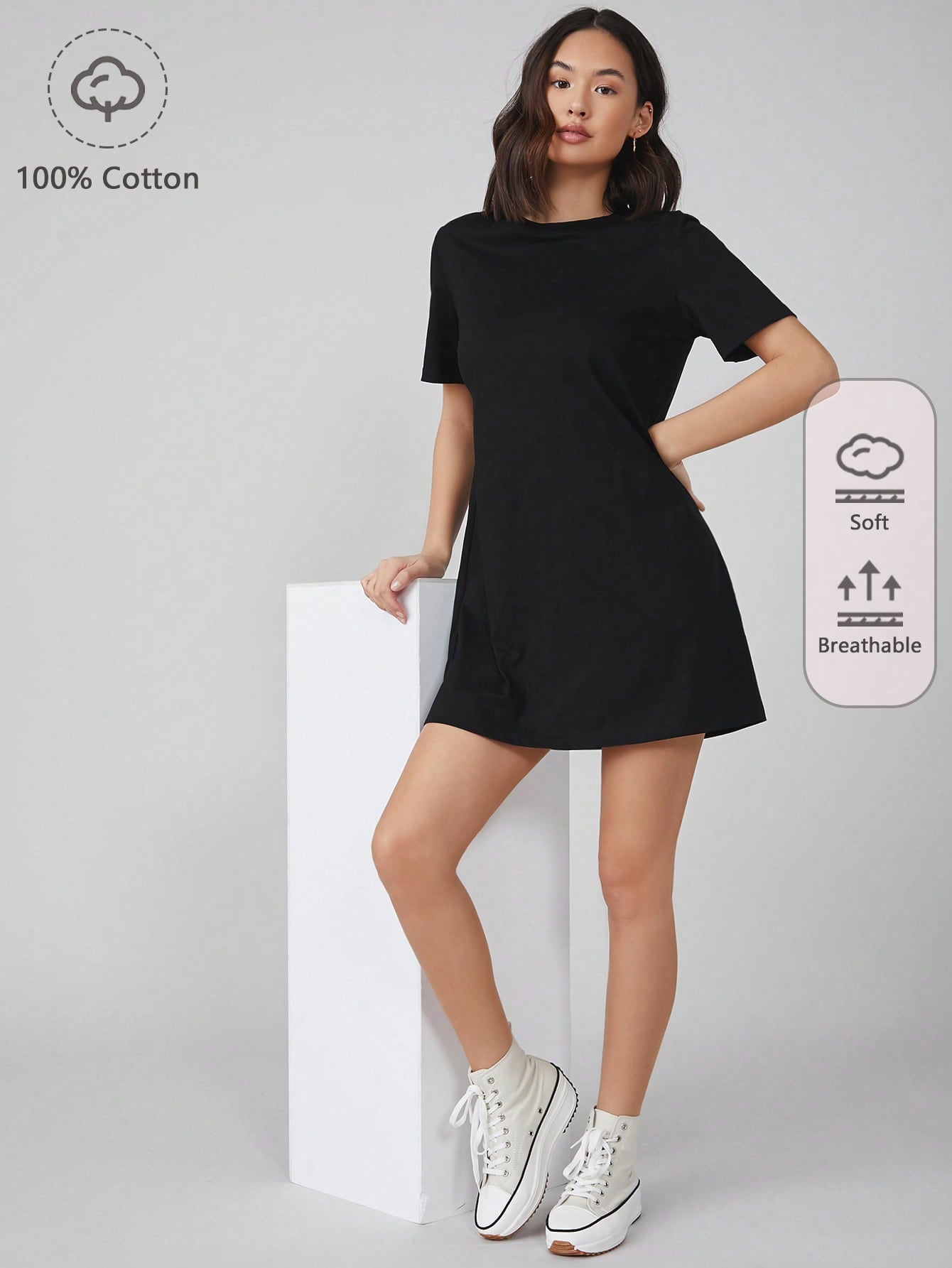 BASICS Solid Round Neck Short Sleeve Tee Dress