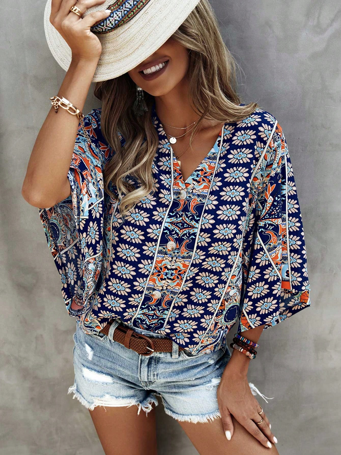 Allover Print Batwing Sleeve Blouse