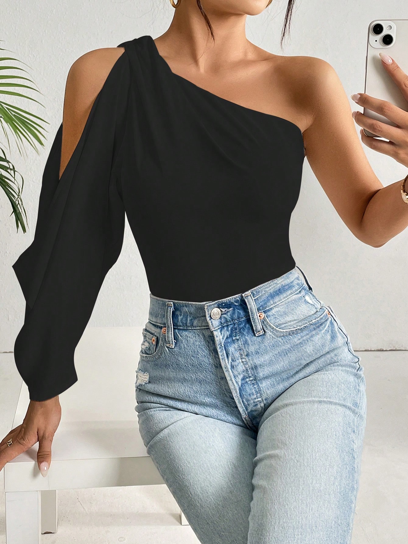 One Shoulder Lantern Sleeve Solid Blouse