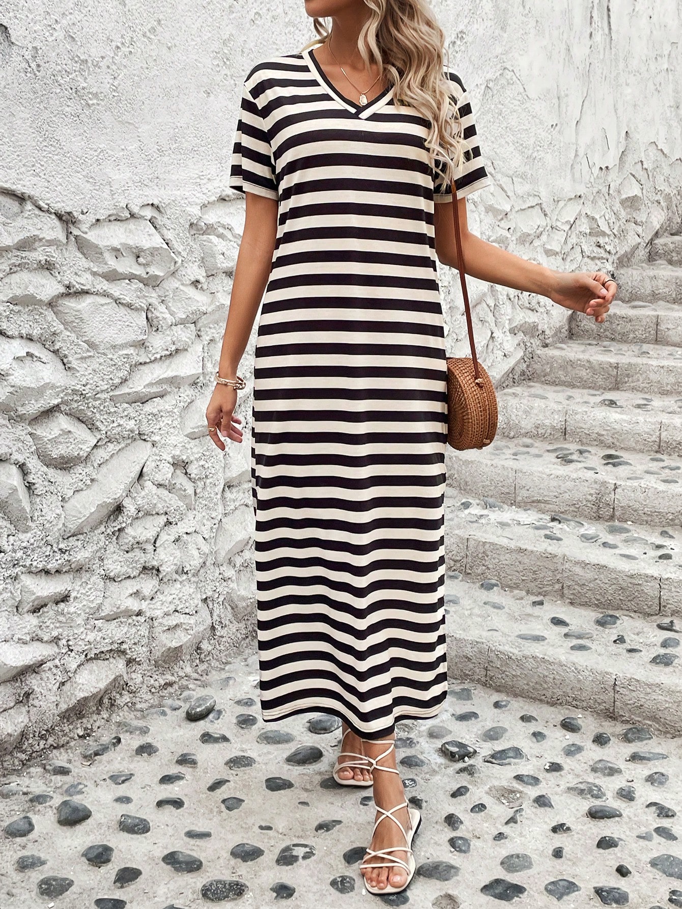 Digitally Printed Striped V-Neck Long Dress With Two Side Slits