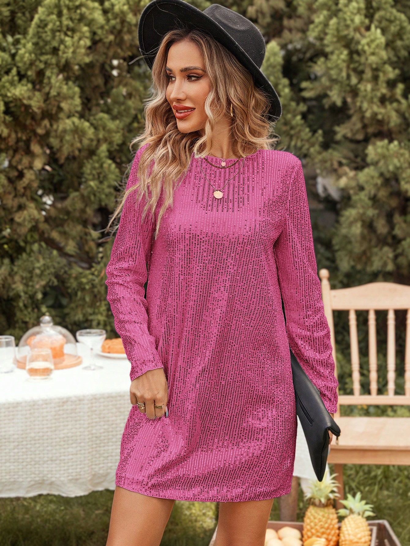 Women'S Loose Fit Sequin Round Neck Long Sleeve Dress