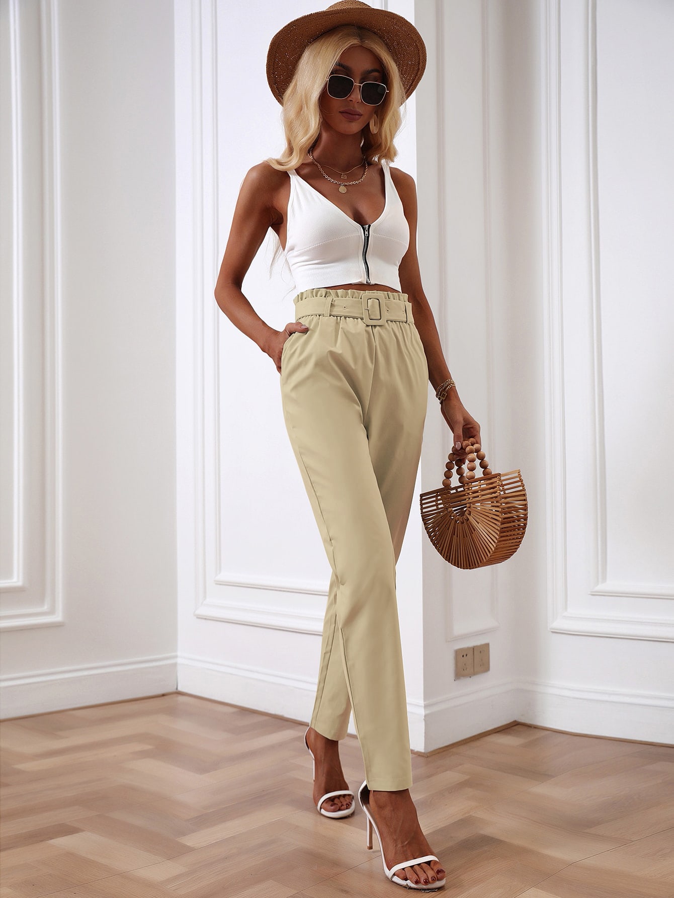 Unity Solid Paperbag Waist Belted Pants