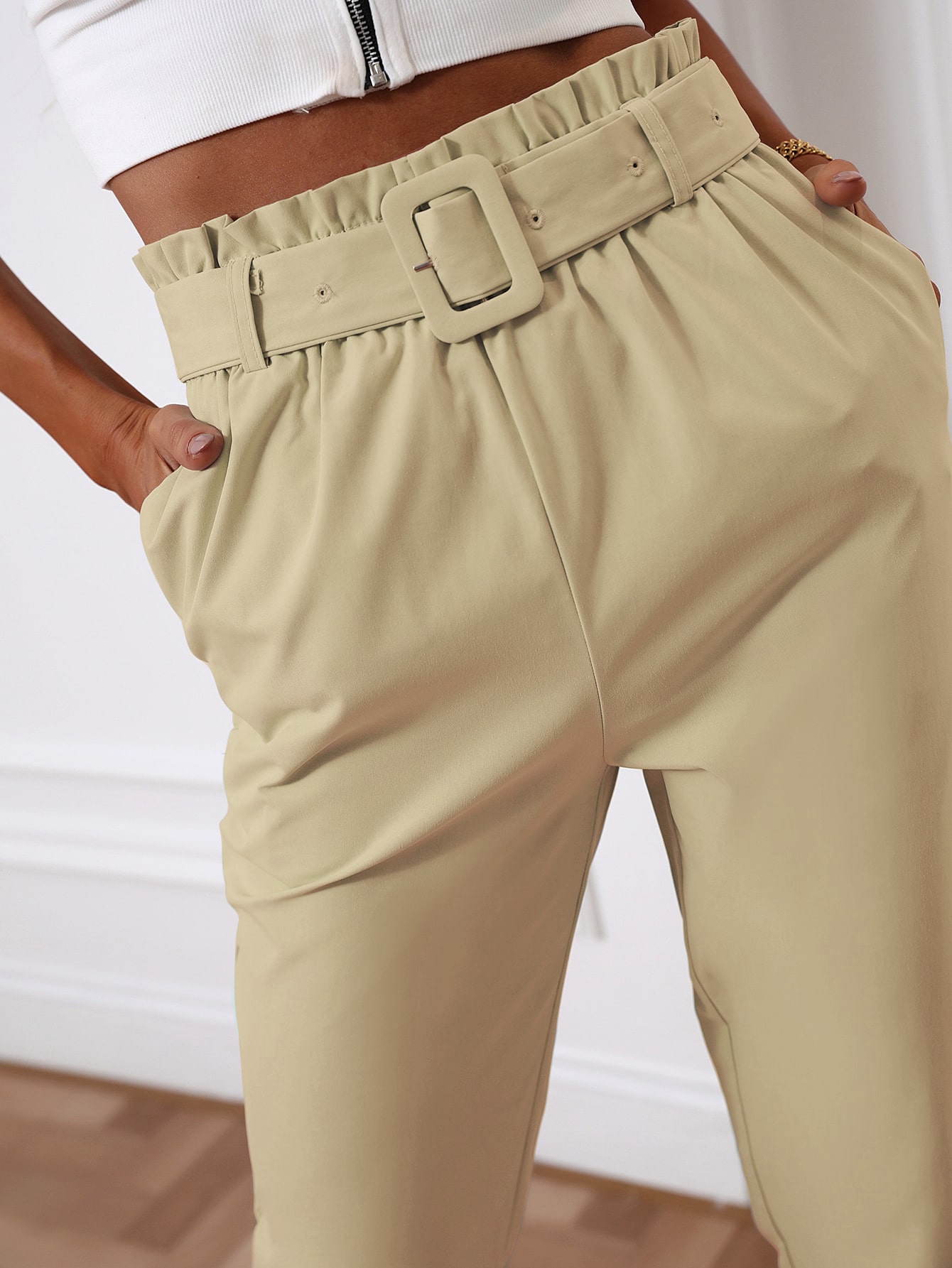 Unity Solid Paperbag Waist Belted Pants