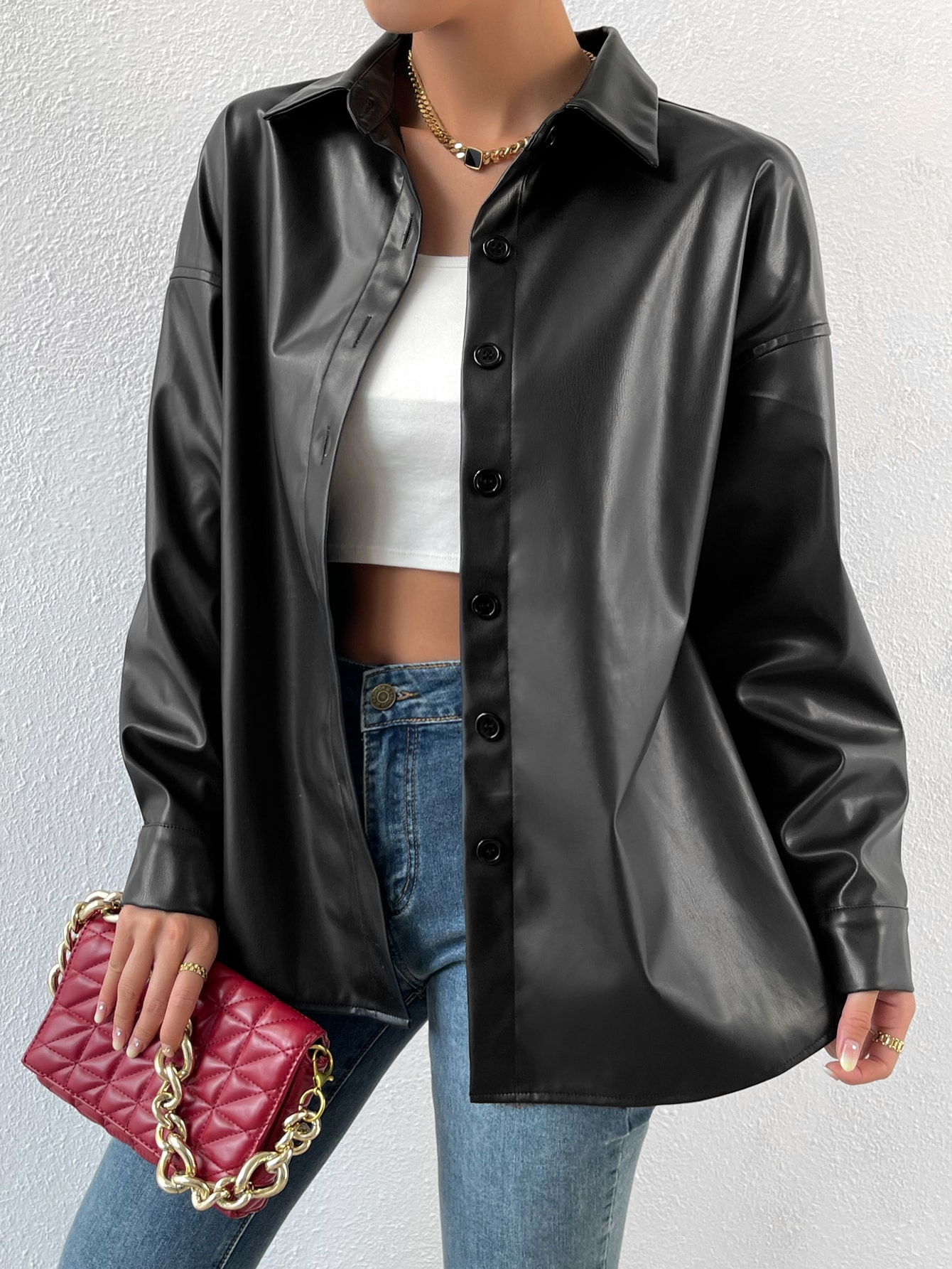 Drop Shoulder PU Black Coat