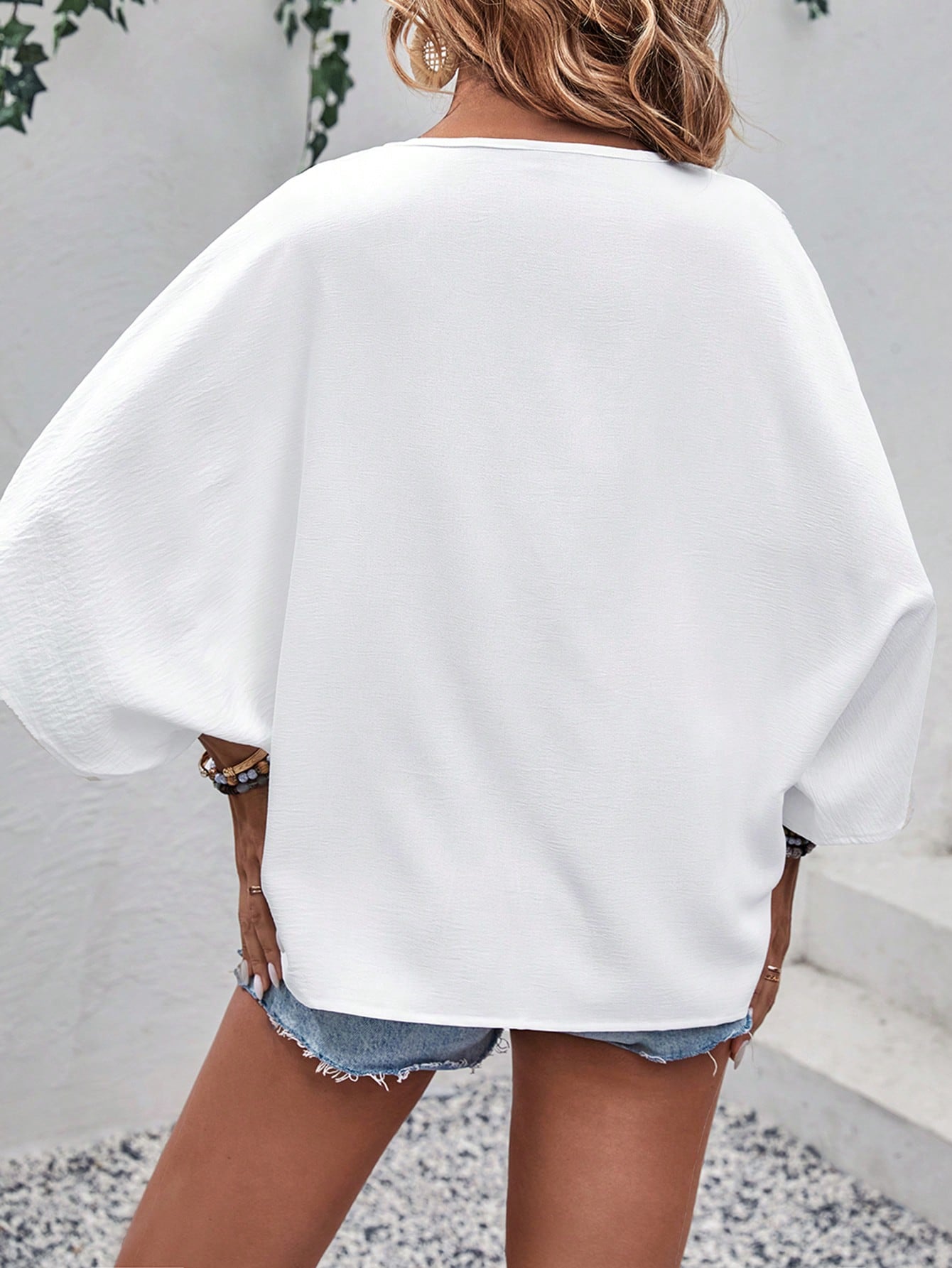 Solid Batwing Sleeve Button Front Blouse