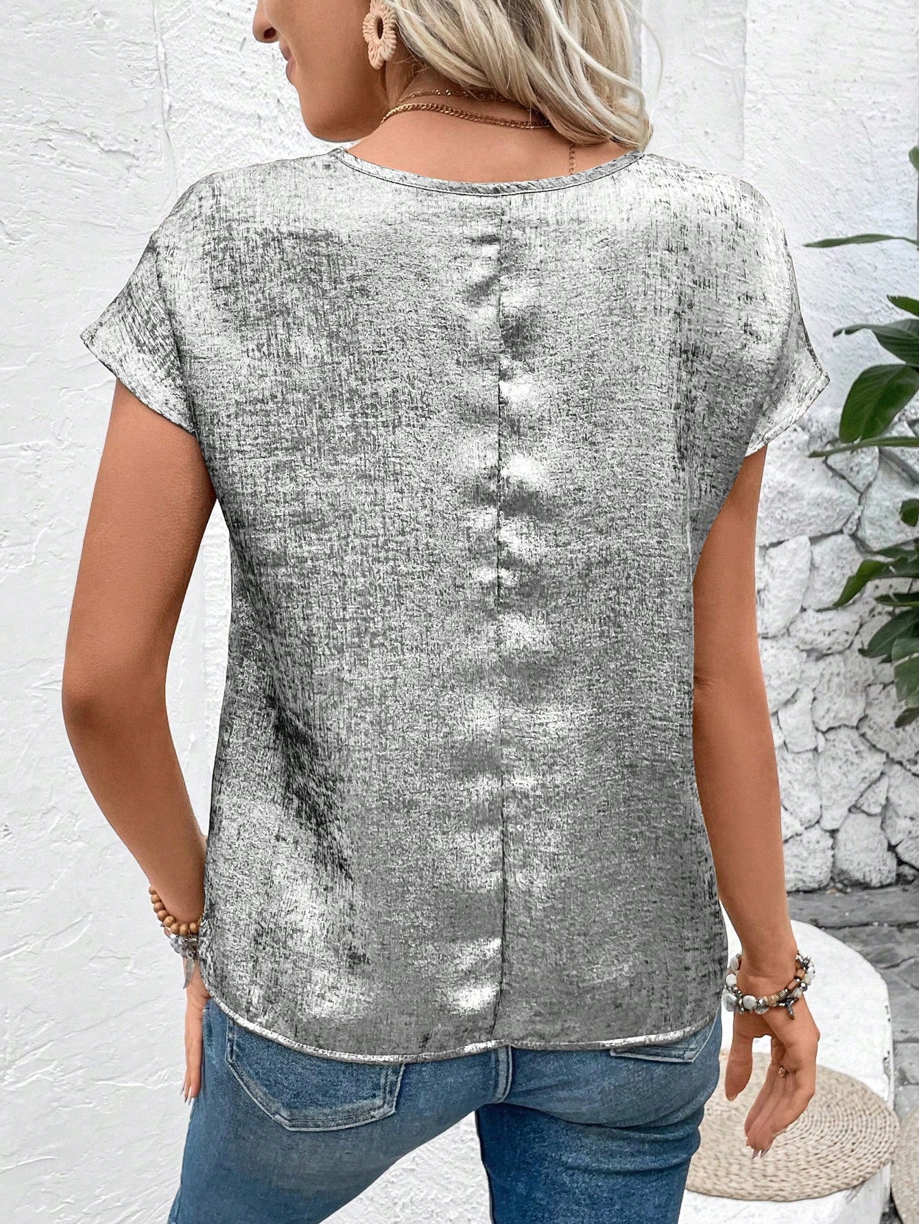 Metallic Batwing Sleeve Shirt For Women