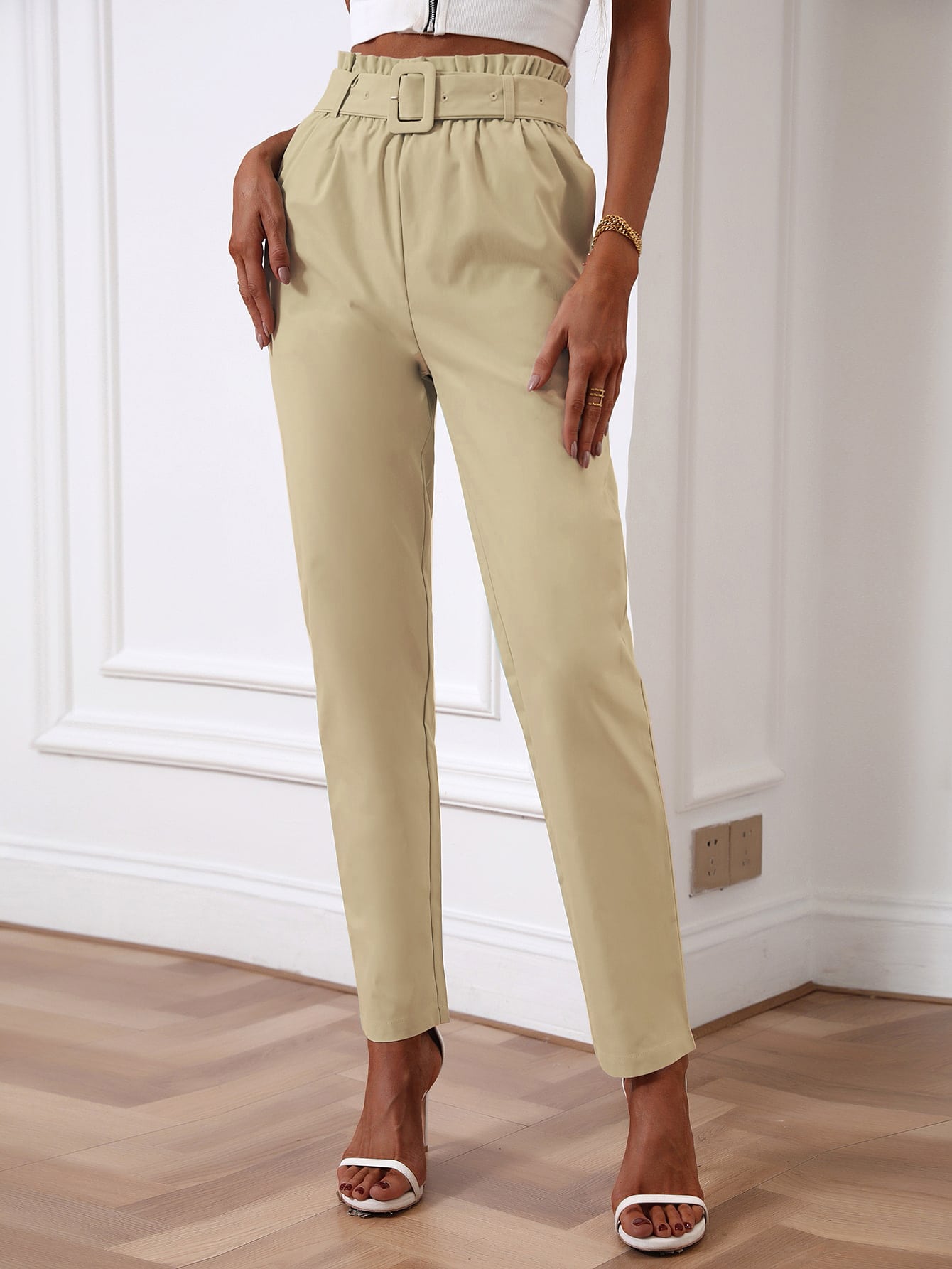 Unity Solid Paperbag Waist Belted Pants