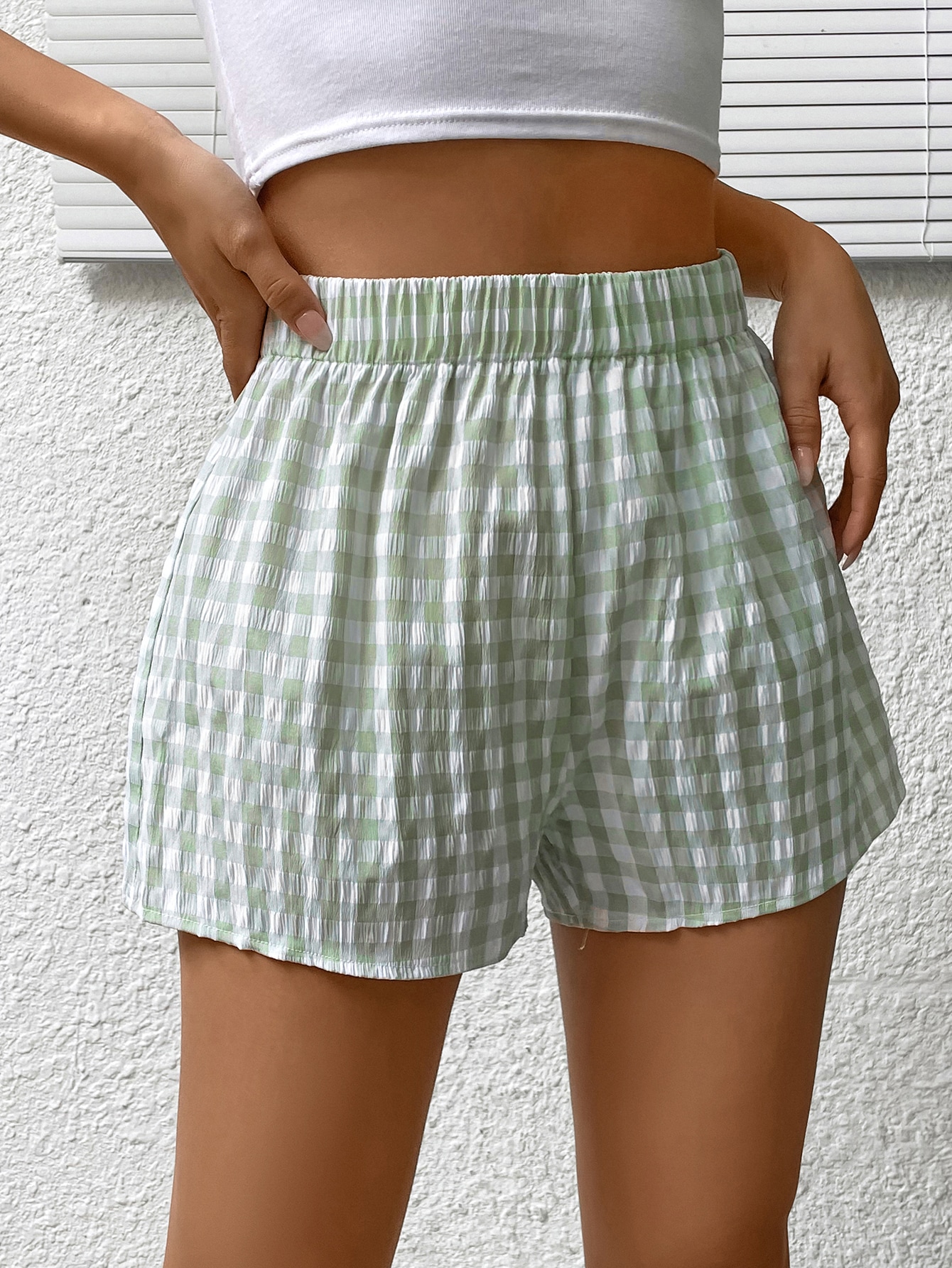 Gingham Print Elastic Waist Shorts