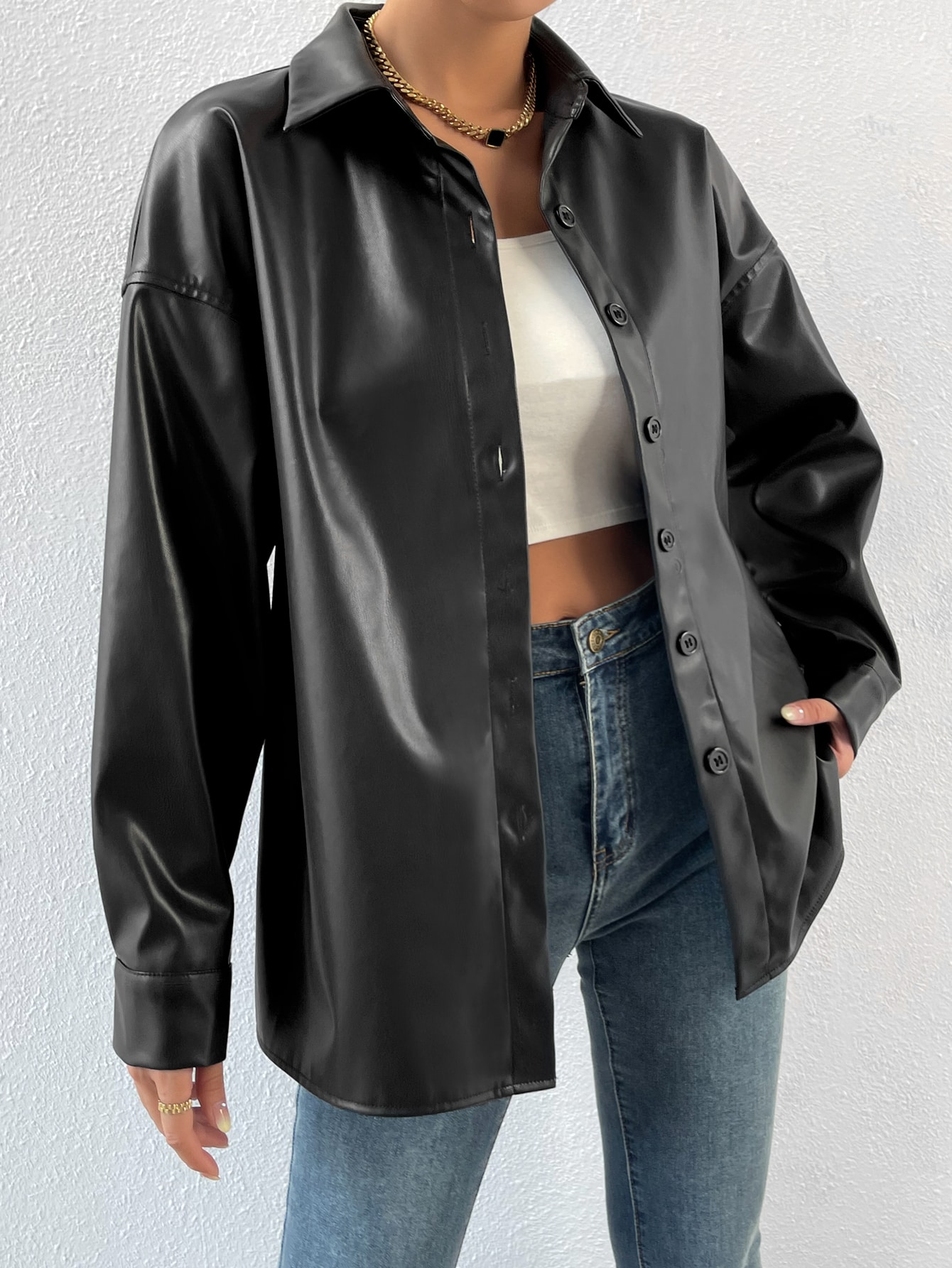 Drop Shoulder PU Black Coat