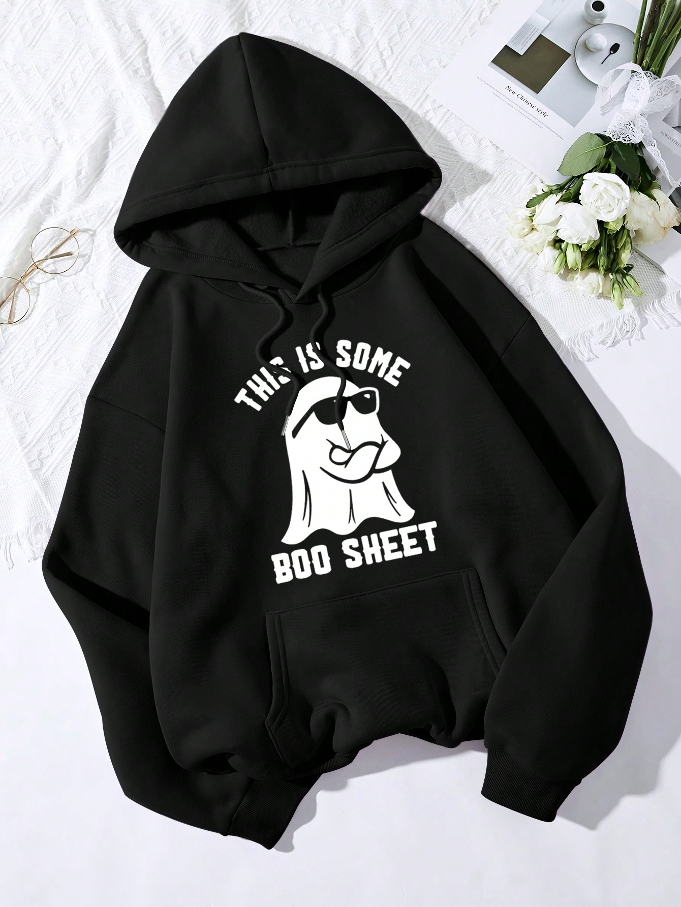 ICON Ghost & Slogan Graphic Kangaroo Pocket Drawstring Thermal Hoodie