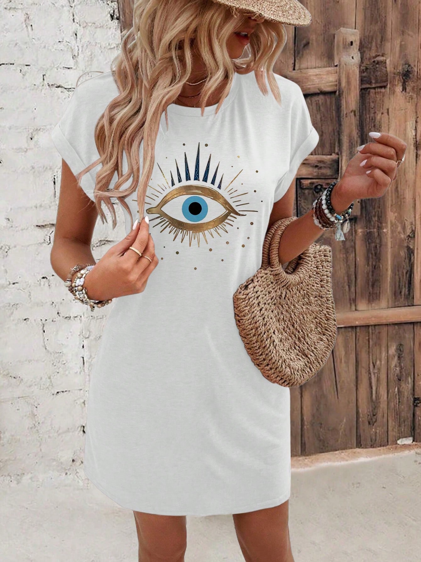 Women's Evil Eye Print Batwing Sleeve Dress Summer Casual Dress