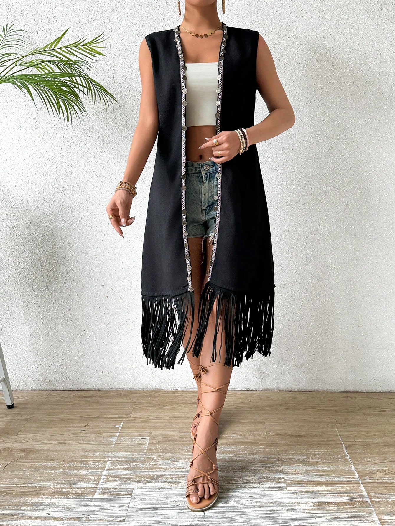 Ribbon Detail Fringed Hem Jacket