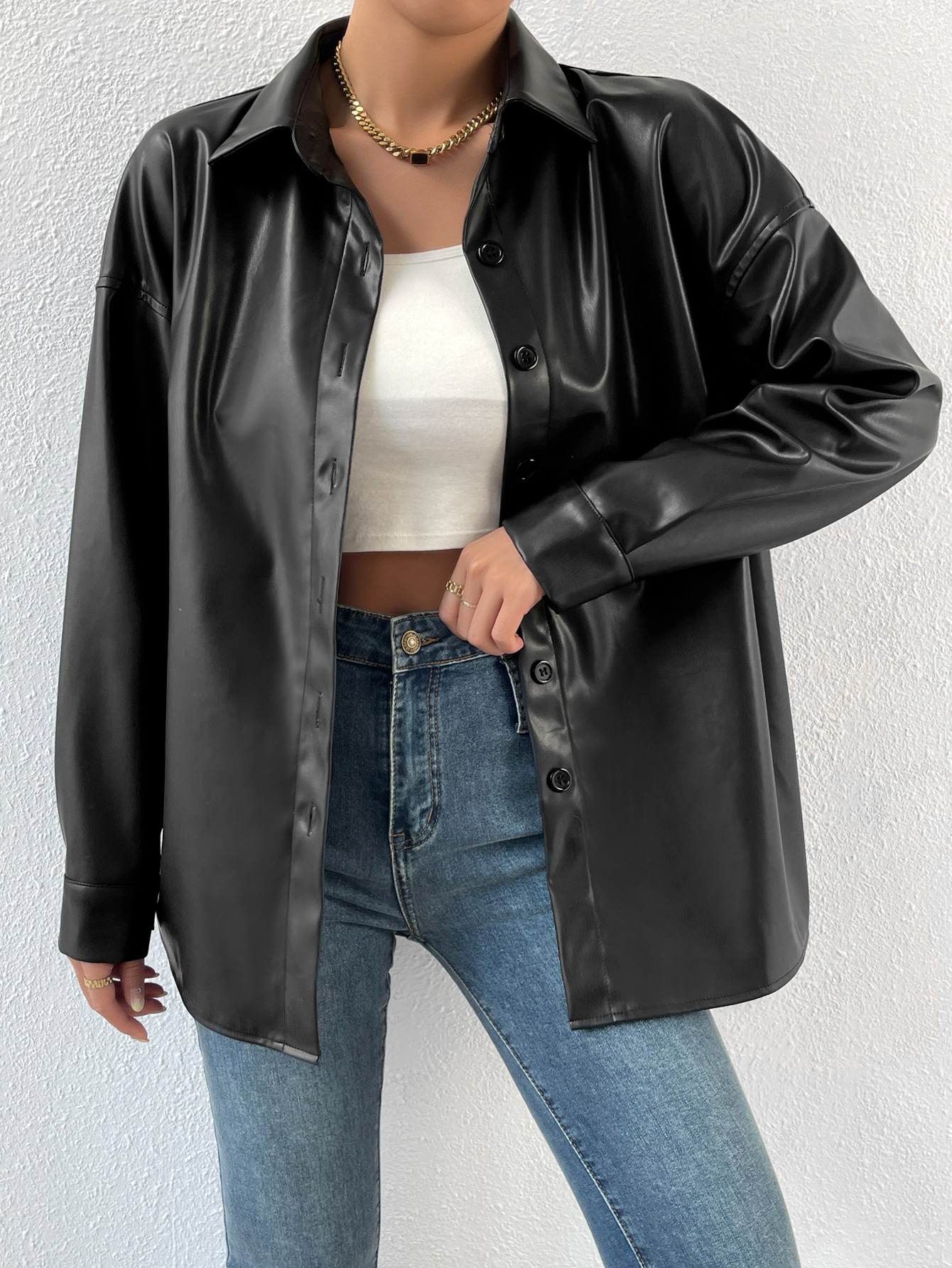 Drop Shoulder PU Black Coat