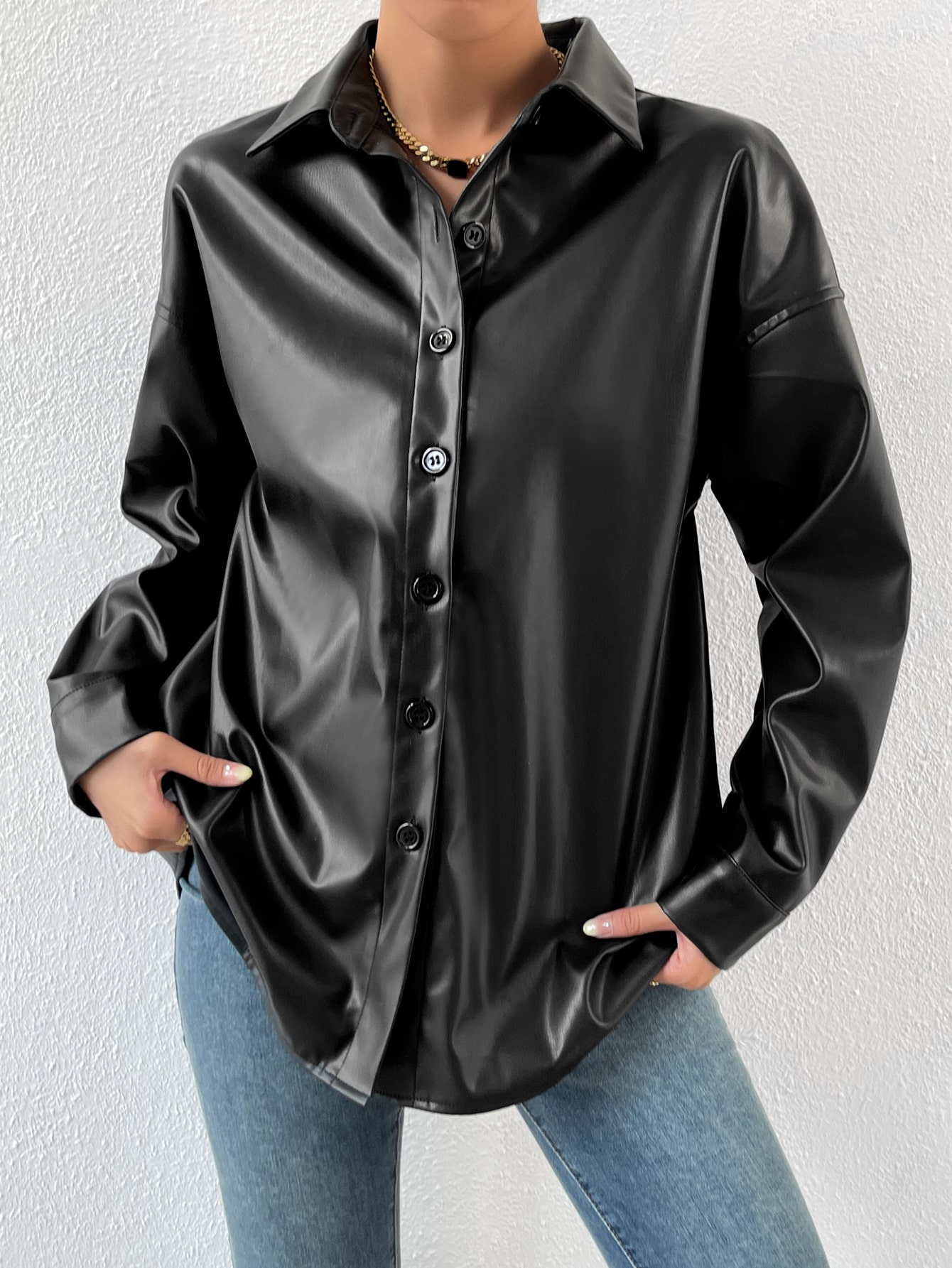 Drop Shoulder PU Black Coat