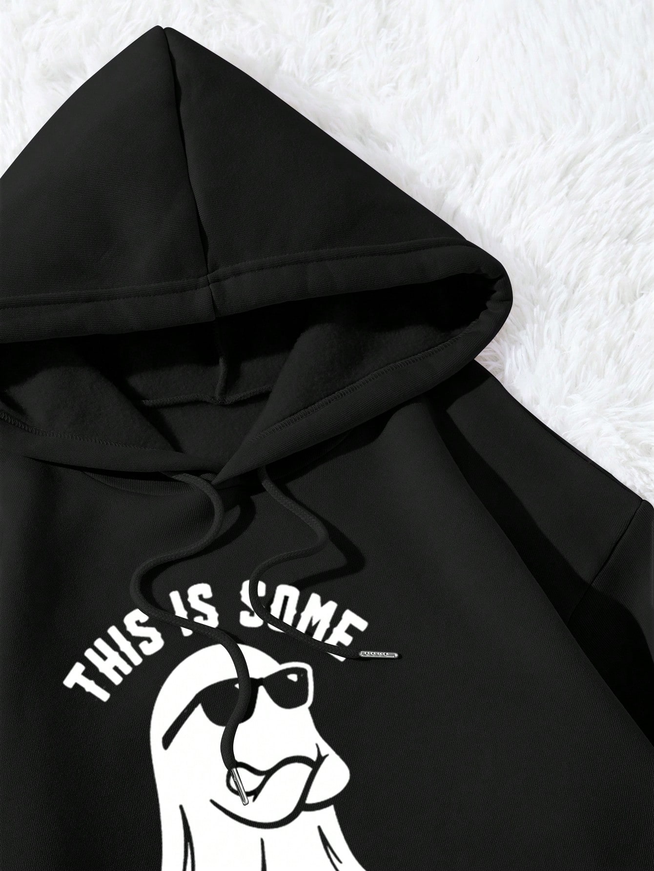 ICON Ghost & Slogan Graphic Kangaroo Pocket Drawstring Thermal Hoodie