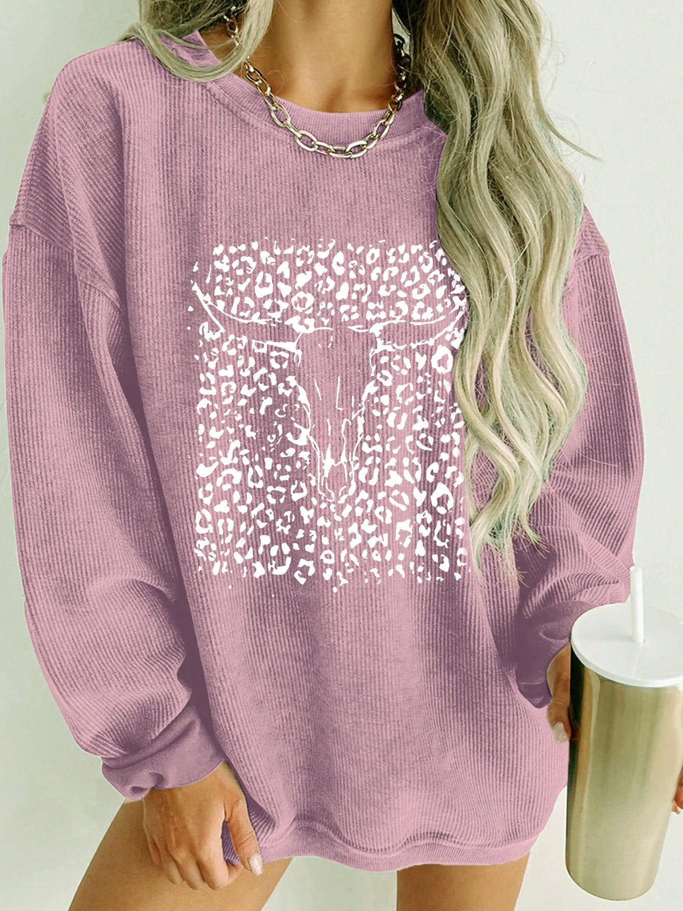 Women's Leopard Print Bull Head Design Drop Shoulder Sweatshirt