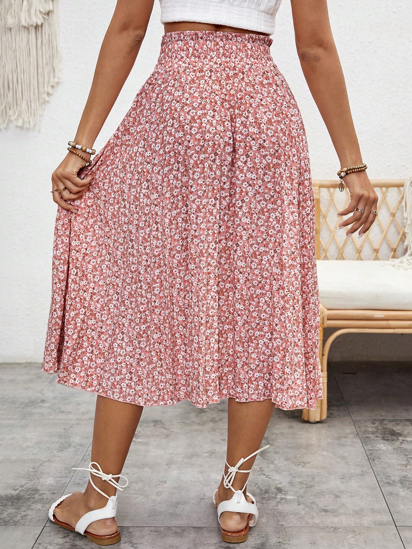 Print High Waisted Pleated Floral Skirt