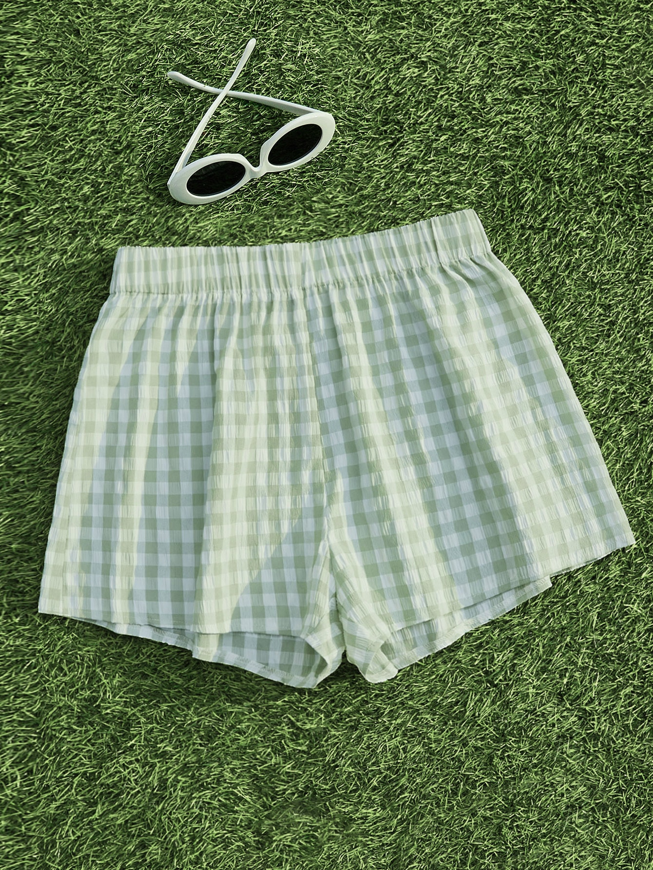 Gingham Print Elastic Waist Shorts