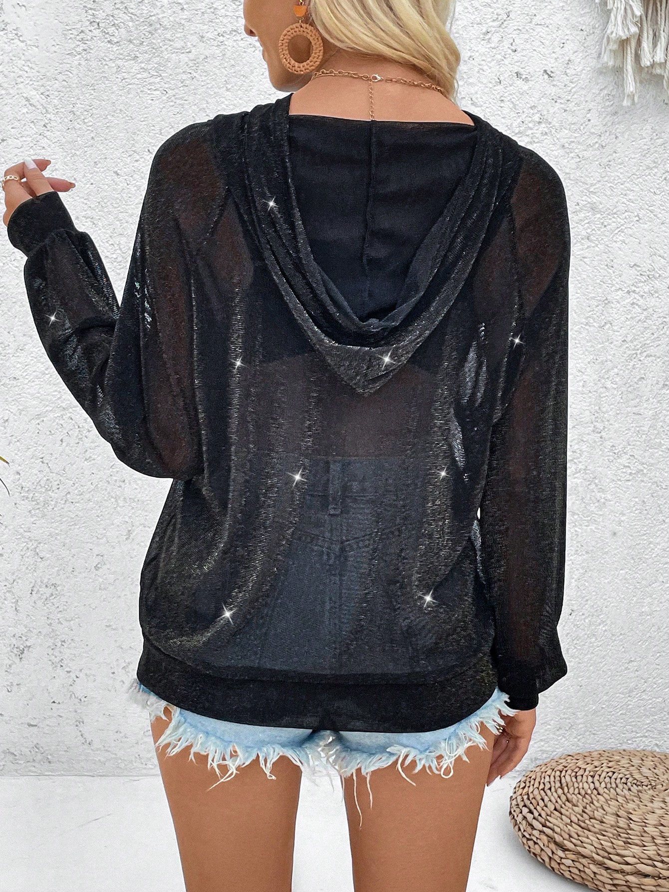 Women Spring/Summer Long Sleeve Hooded See-Through Loose Casual Sweatshirt With Sparkle