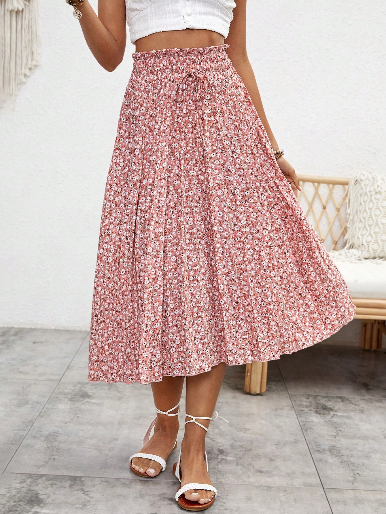 Print High Waisted Pleated Floral Skirt