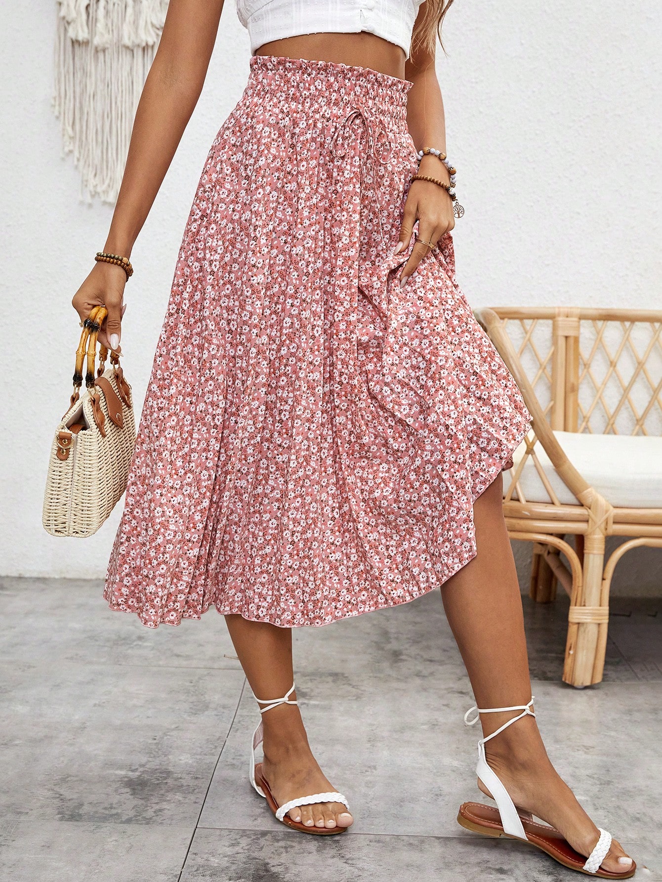 Print High Waisted Pleated Floral Skirt