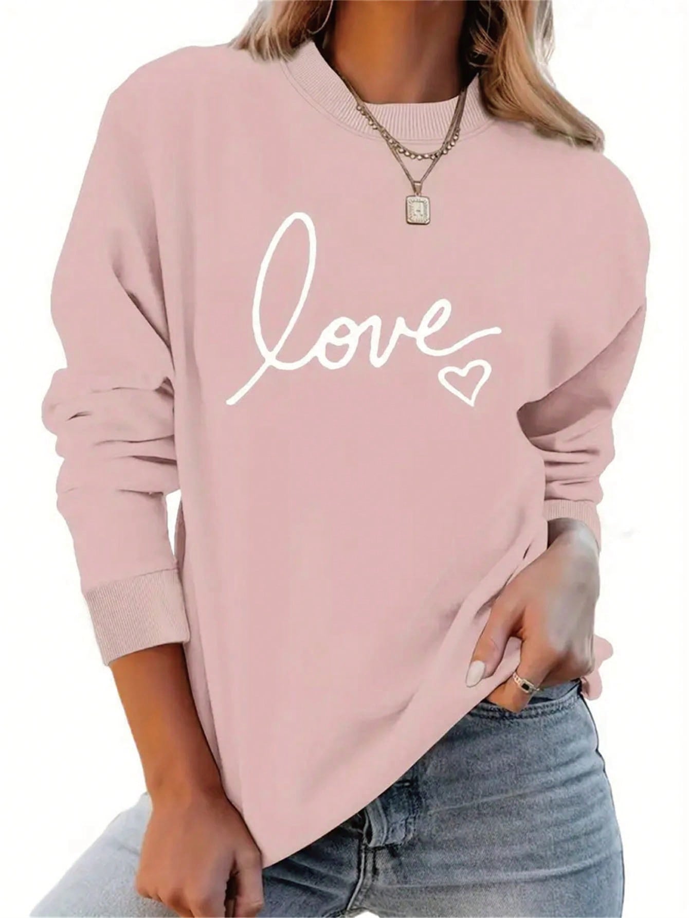 Women's Love Heart Printed Drop Shoulder Pullover Sweatshirt