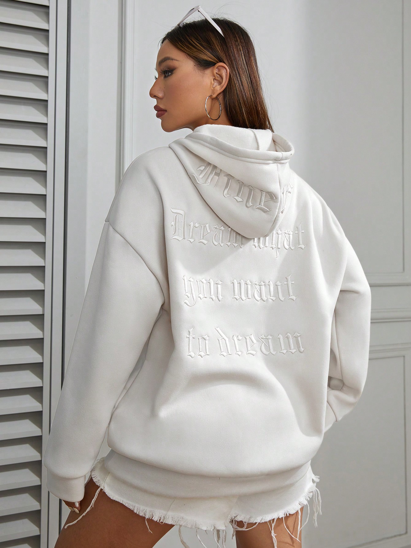 Letter Embossed Drop Shoulder Drawstring Hoodie