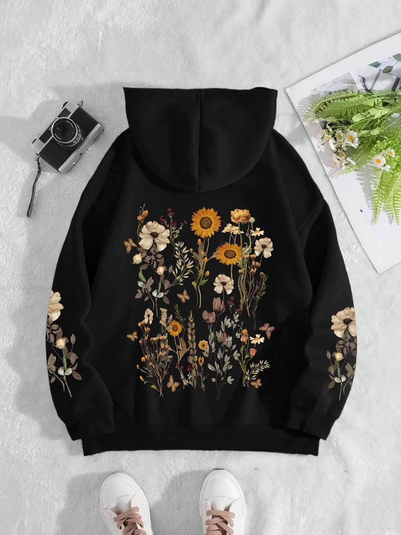 Flower Printed Hooded Sweatshirt