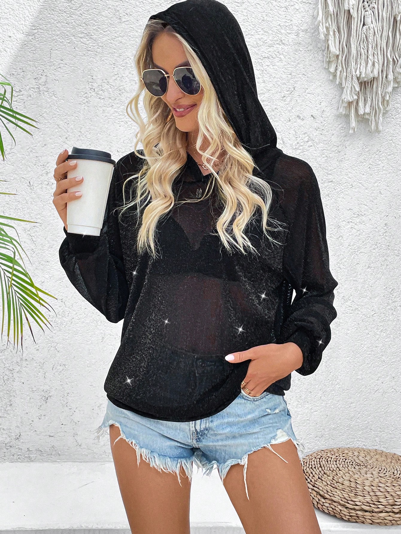 Women Spring/Summer Long Sleeve Hooded See-Through Loose Casual Sweatshirt With Sparkle