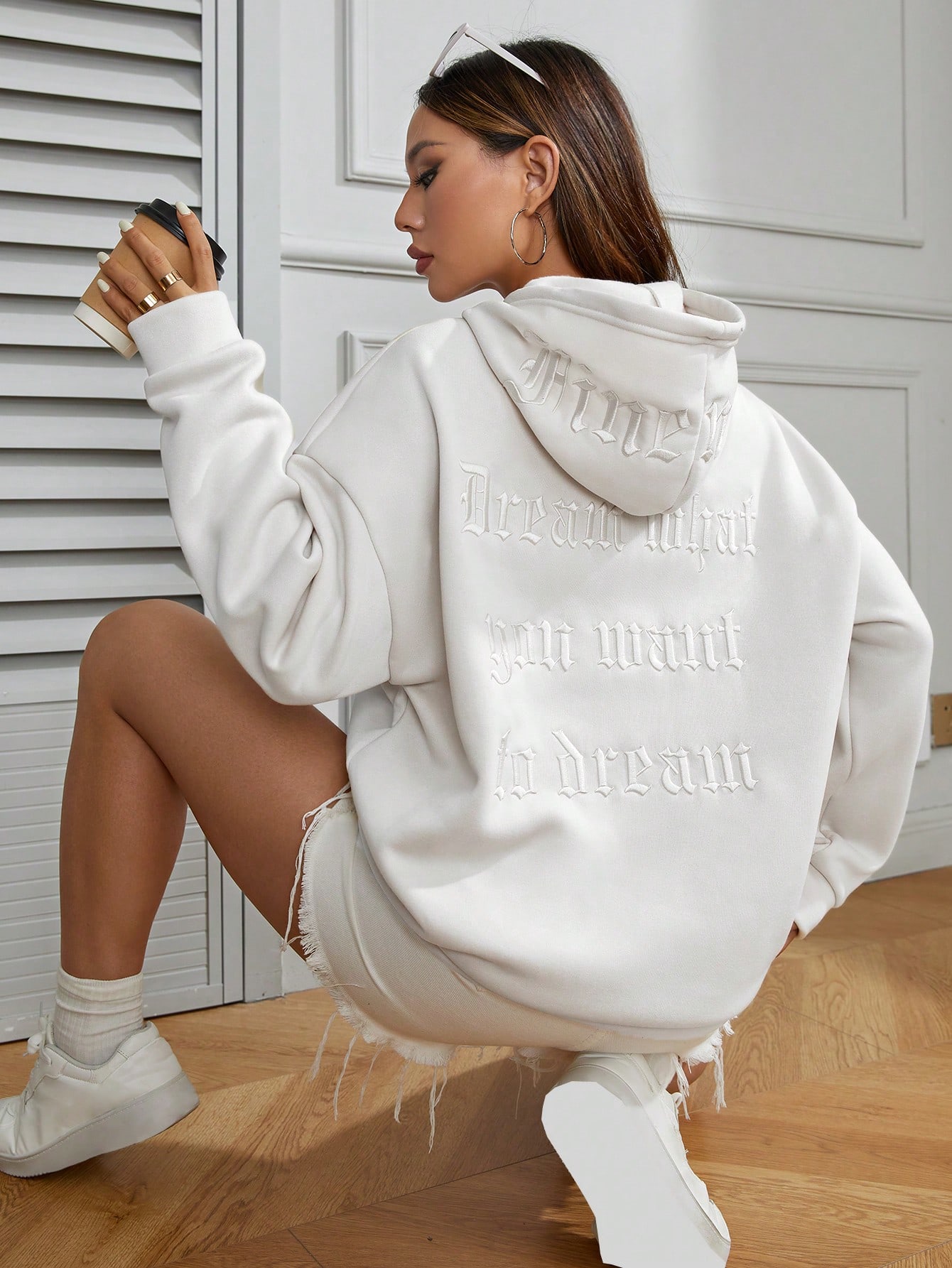 Letter Embossed Drop Shoulder Drawstring Hoodie