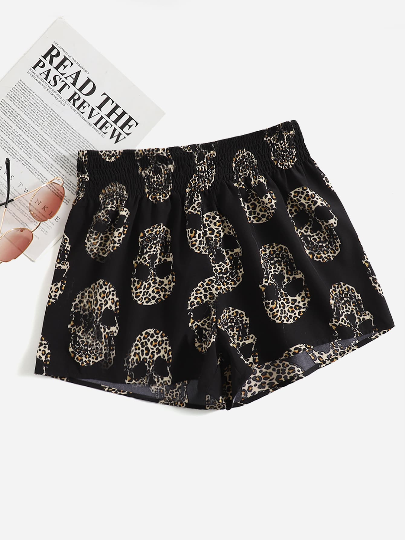 Leopard Skeleton Print Shirred Shorts