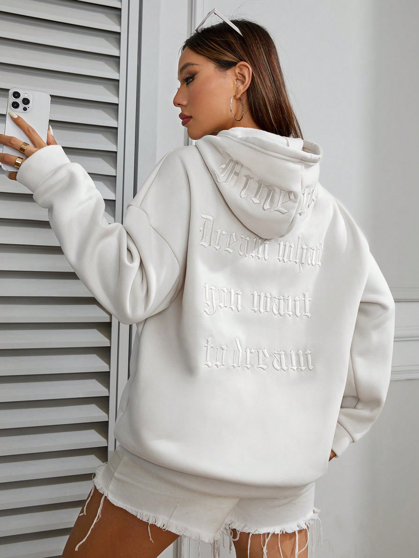 Letter Embossed Drop Shoulder Drawstring Hoodie