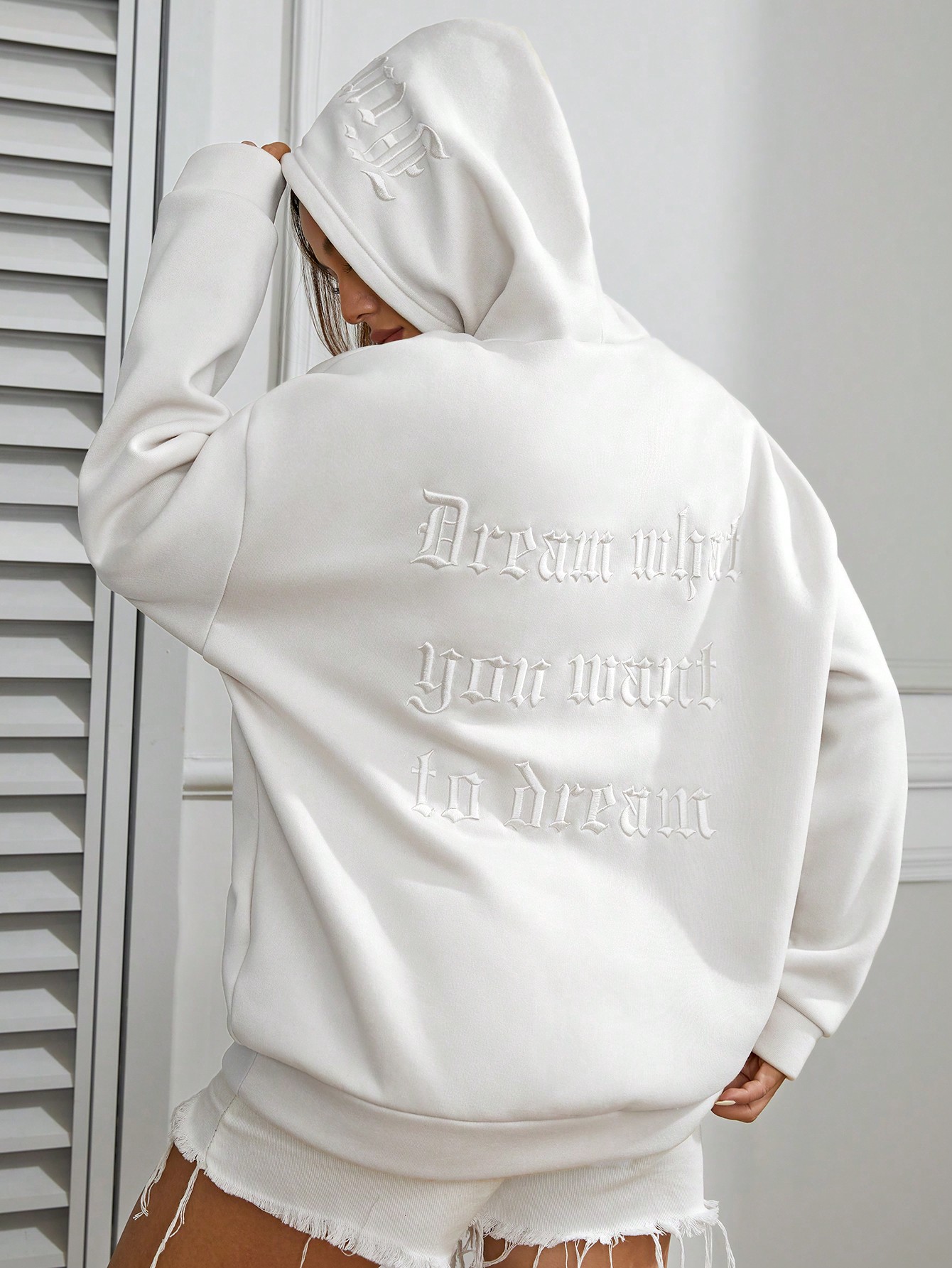 Letter Embossed Drop Shoulder Drawstring Hoodie