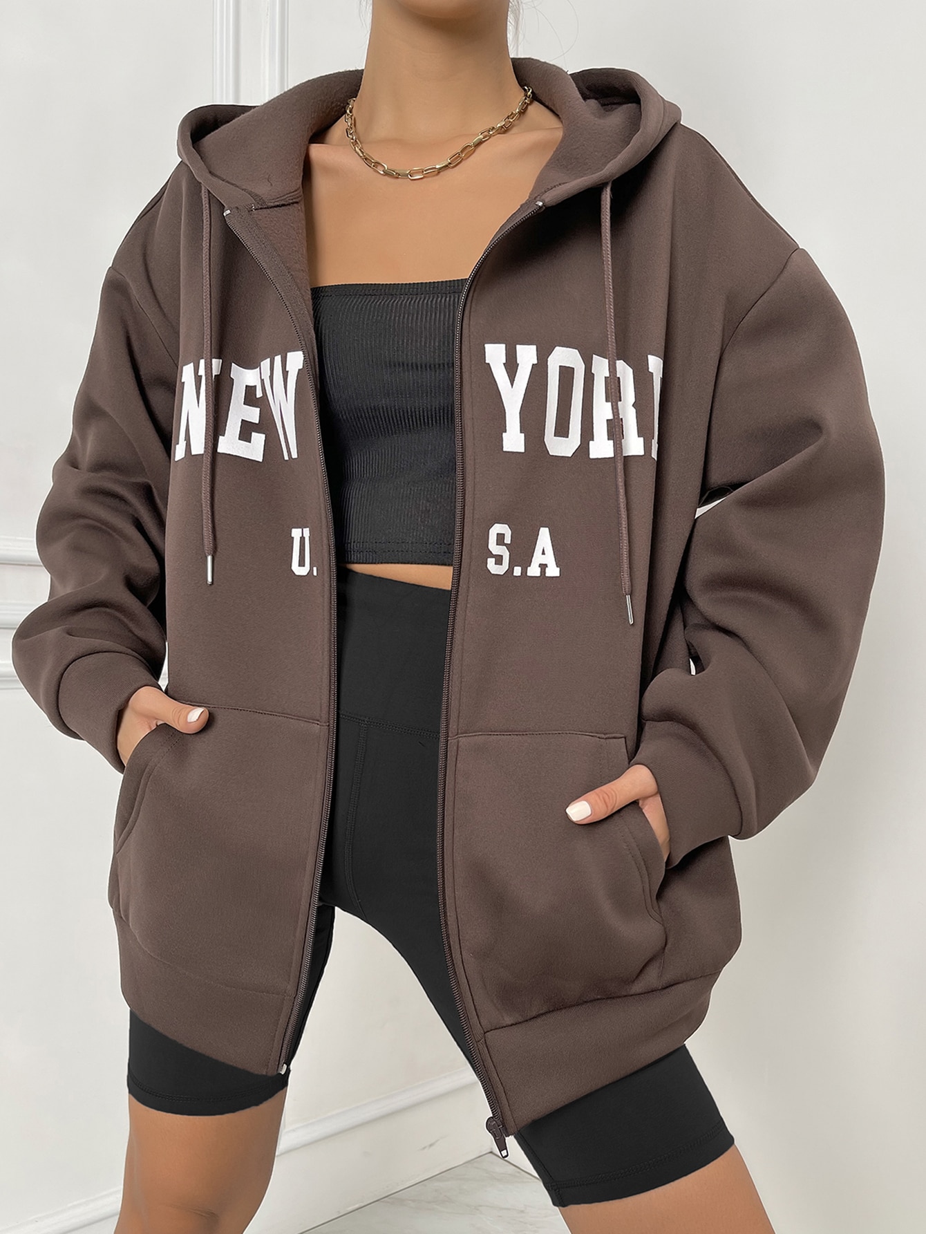 Letter Graphic Zip Up Drop Shoulder Drawstring Thermal Hoodie