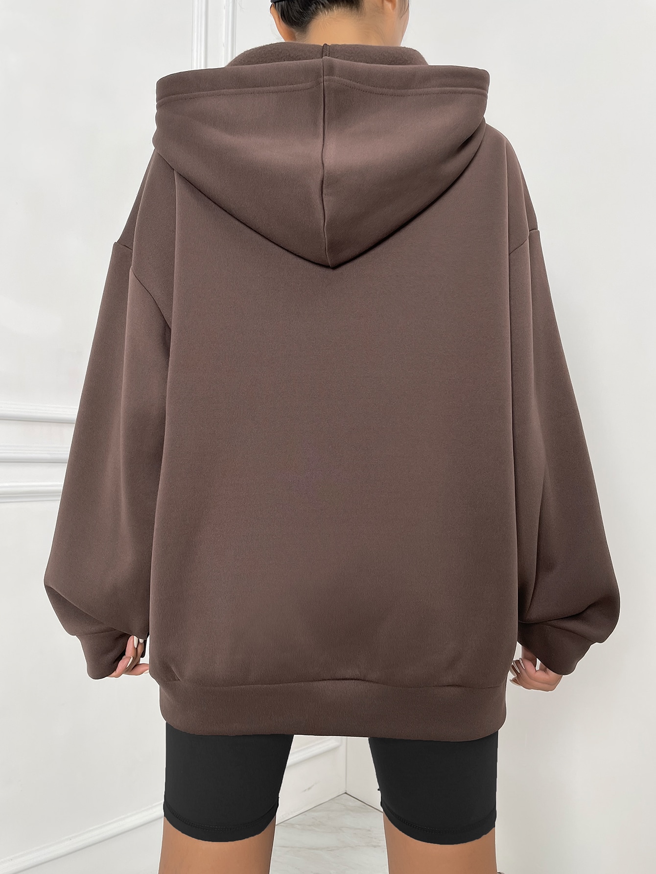 Letter Graphic Zip Up Drop Shoulder Drawstring Thermal Hoodie