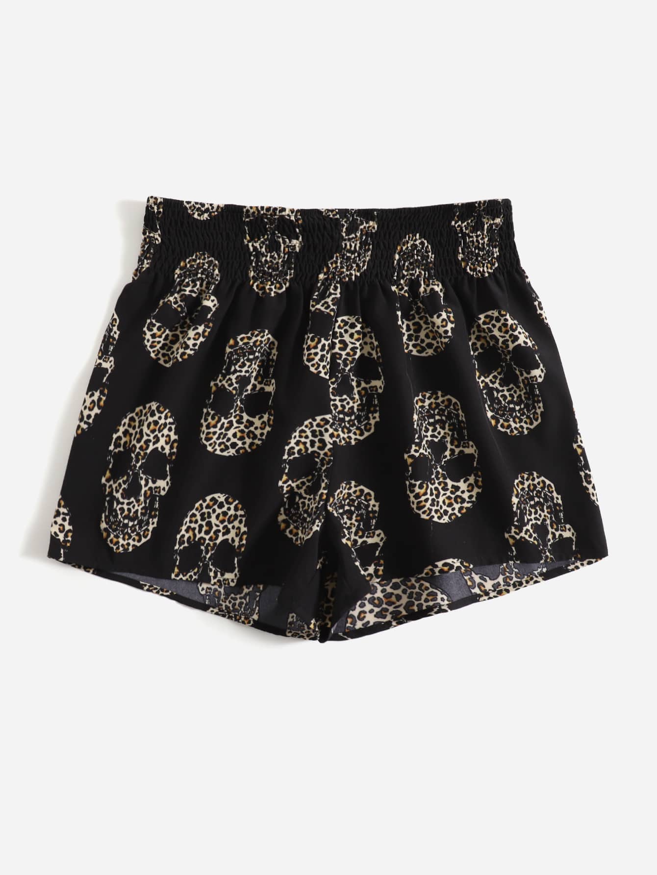 Leopard Skeleton Print Shirred Shorts