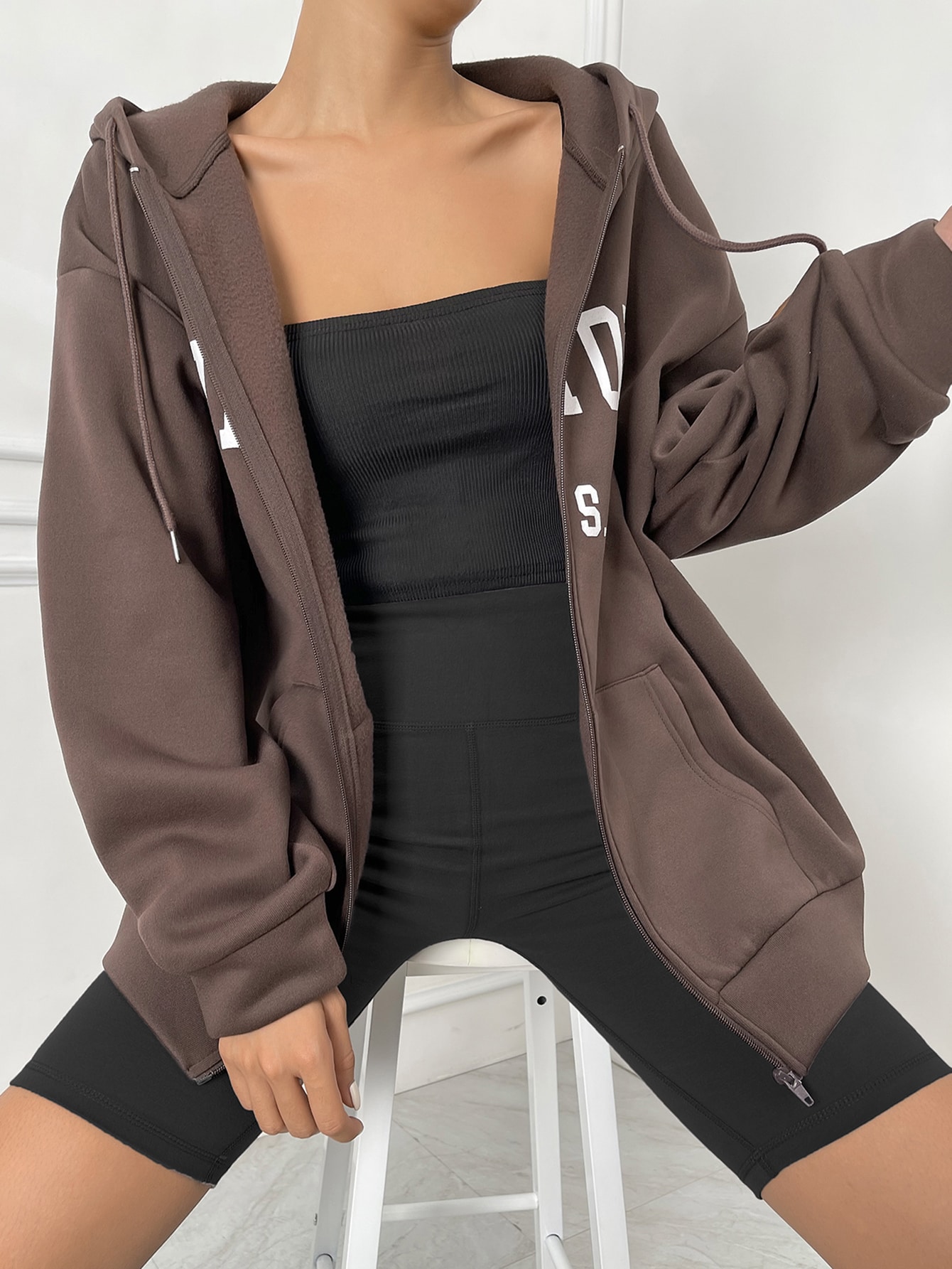 Letter Graphic Zip Up Drop Shoulder Drawstring Thermal Hoodie