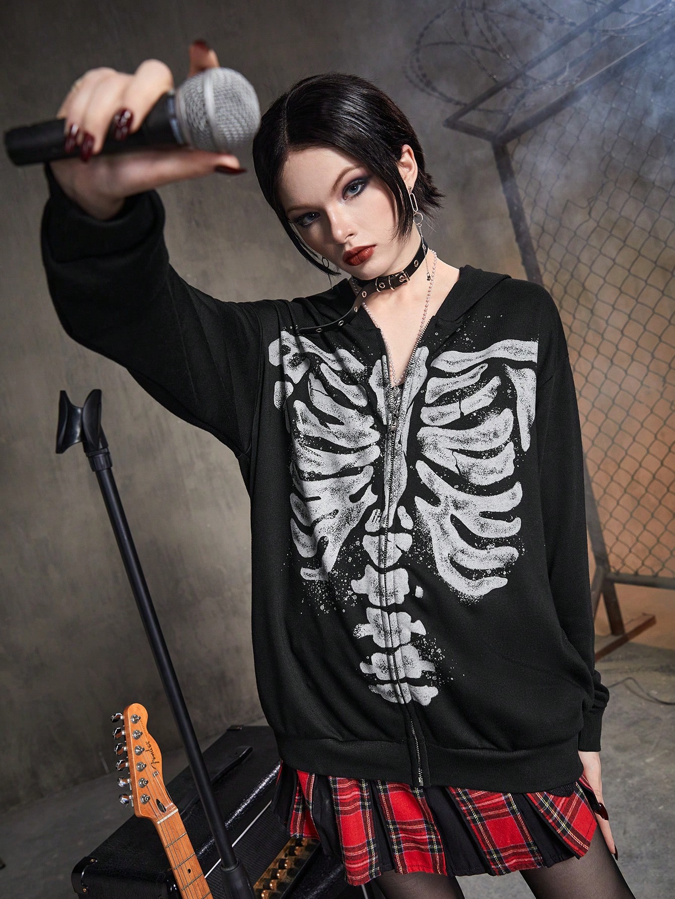 ROMWE Grunge Punk Skeleton Print Zip Up Hoodie