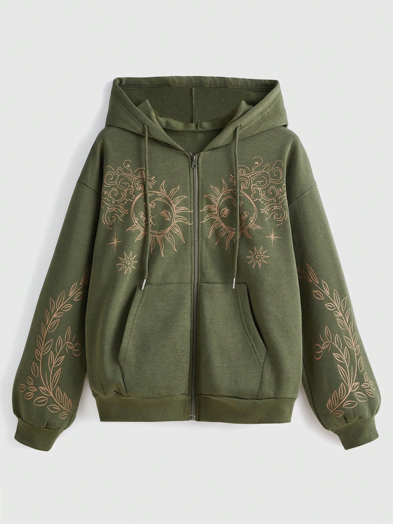 ROMWE Hippie Sun & Leaf Graphic Zip Up Drawstring Thermal Lined Hoodie