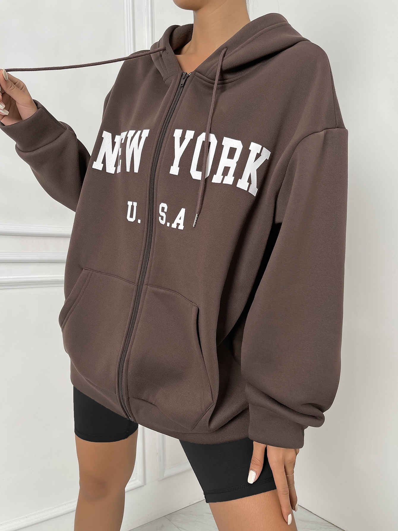 Letter Graphic Zip Up Drop Shoulder Drawstring Thermal Hoodie