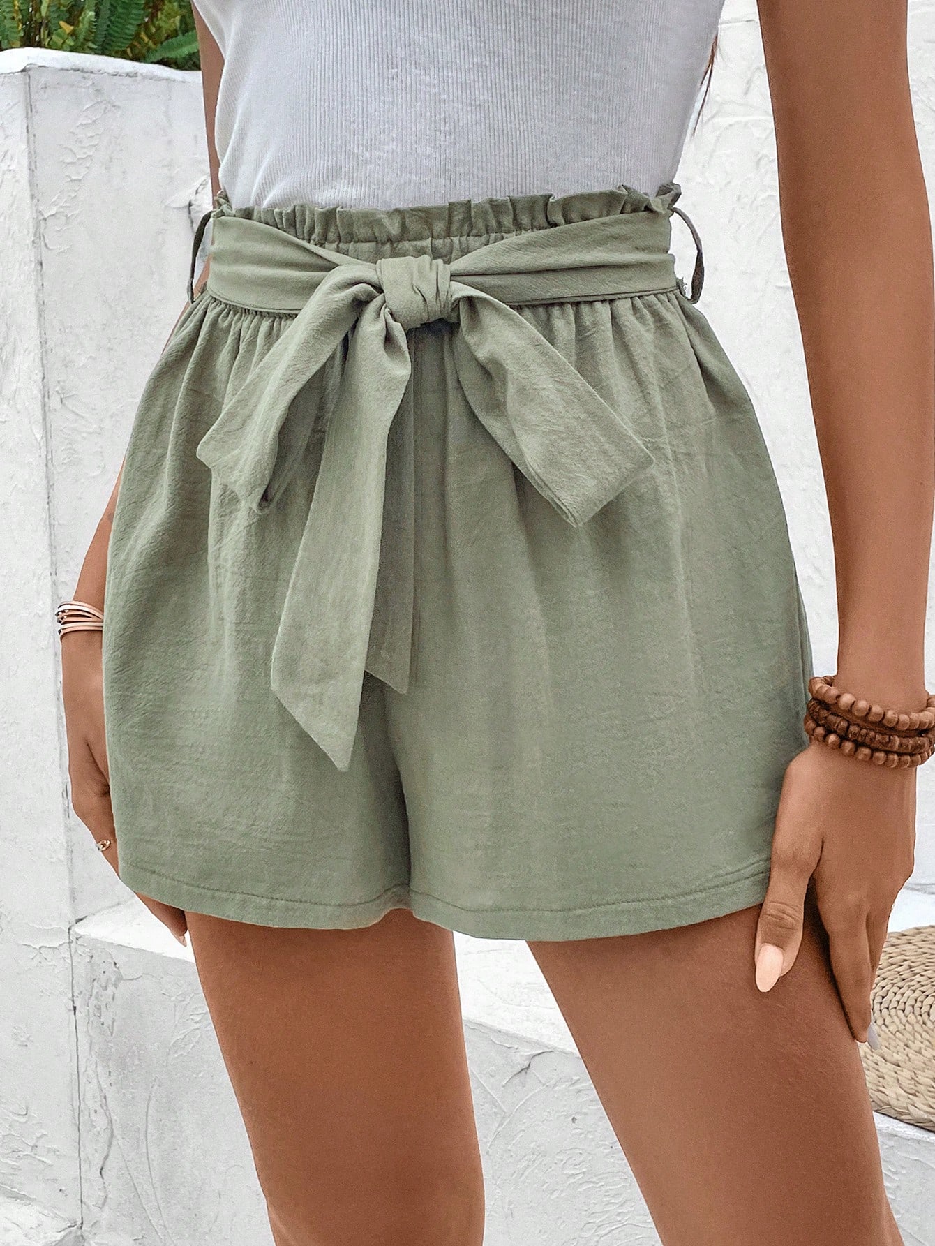 Women's High Waisted Bow Tie Ruffle Hem Paperbag Waist Shorts