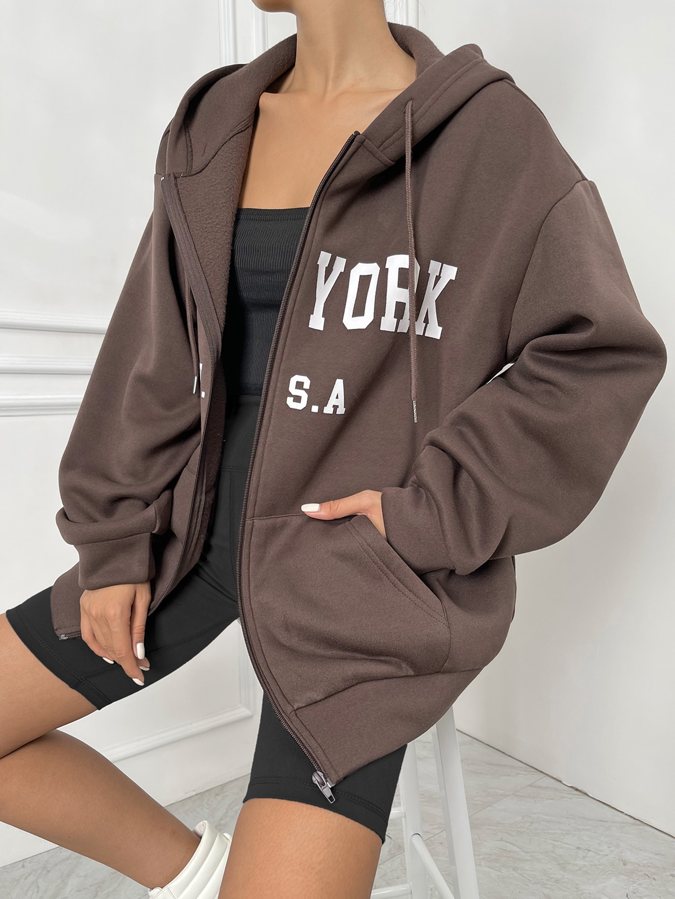 Letter Graphic Zip Up Drop Shoulder Drawstring Thermal Hoodie