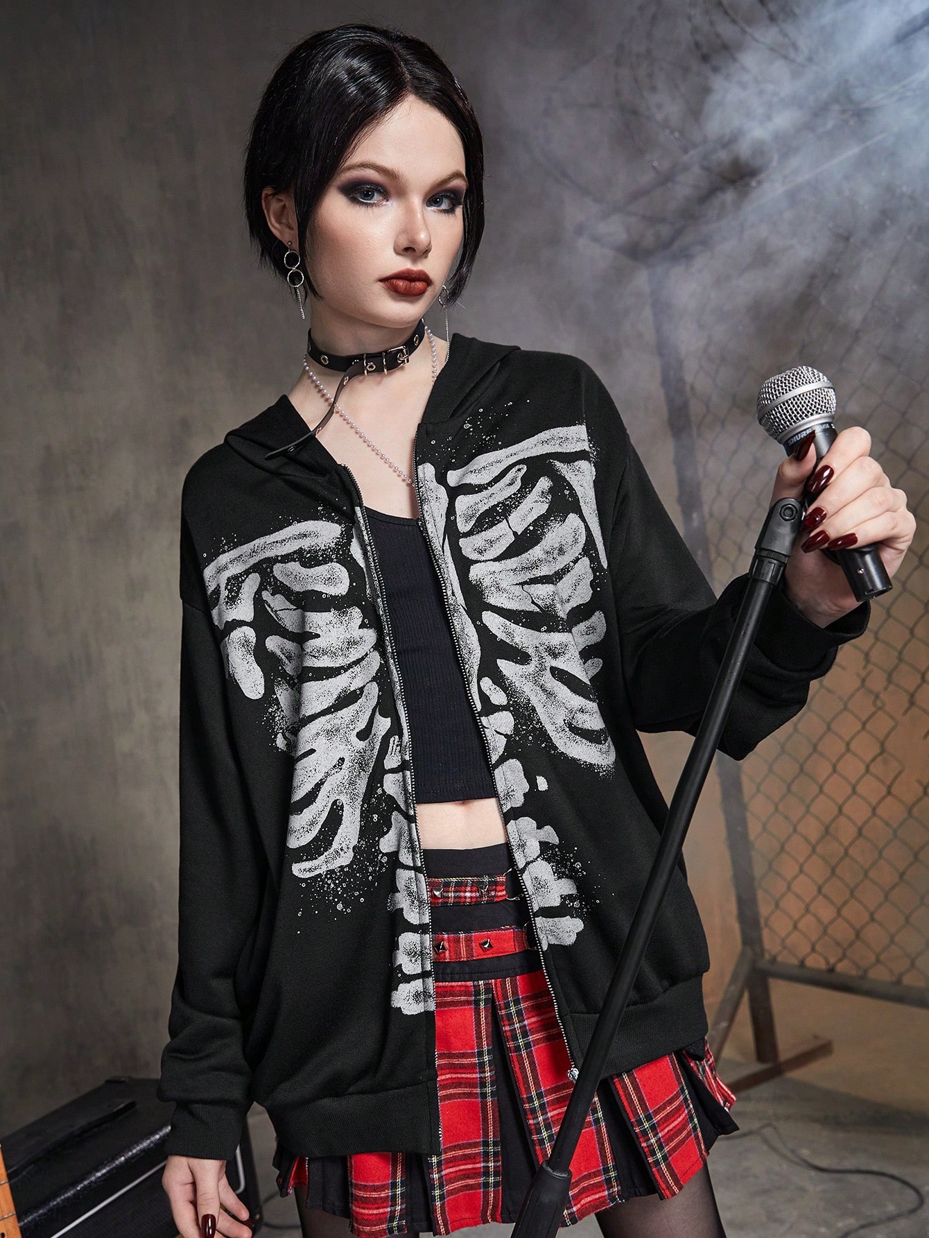 ROMWE Grunge Punk Skeleton Print Zip Up Hoodie