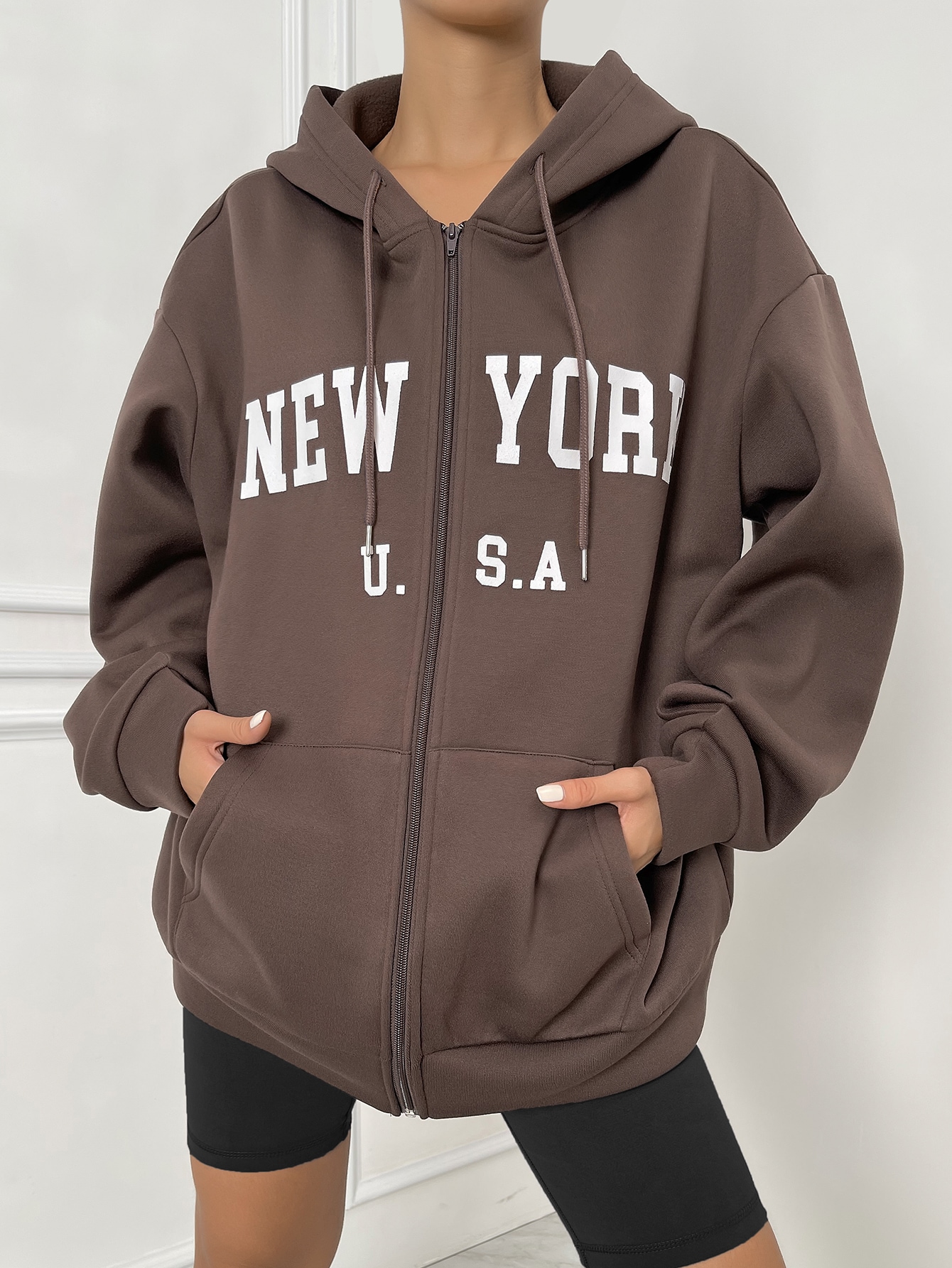 Letter Graphic Zip Up Drop Shoulder Drawstring Thermal Hoodie