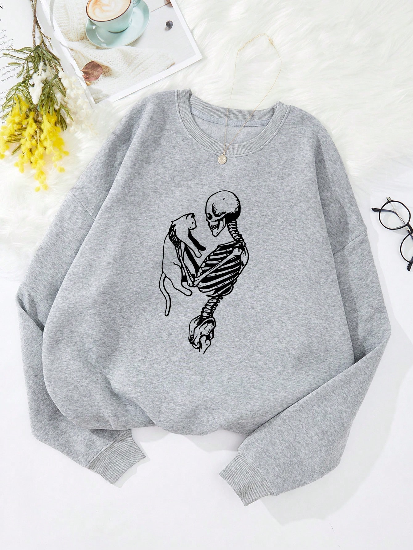 Skeleton Print Thermal Lined Sweatshirt