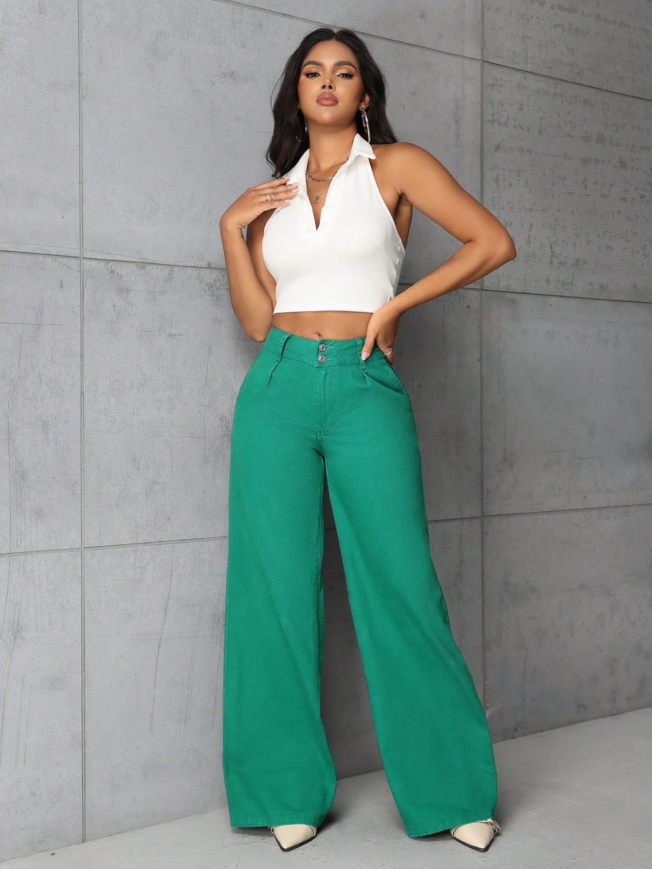 Women's Fashionable Solid Color Wide Leg Jeans