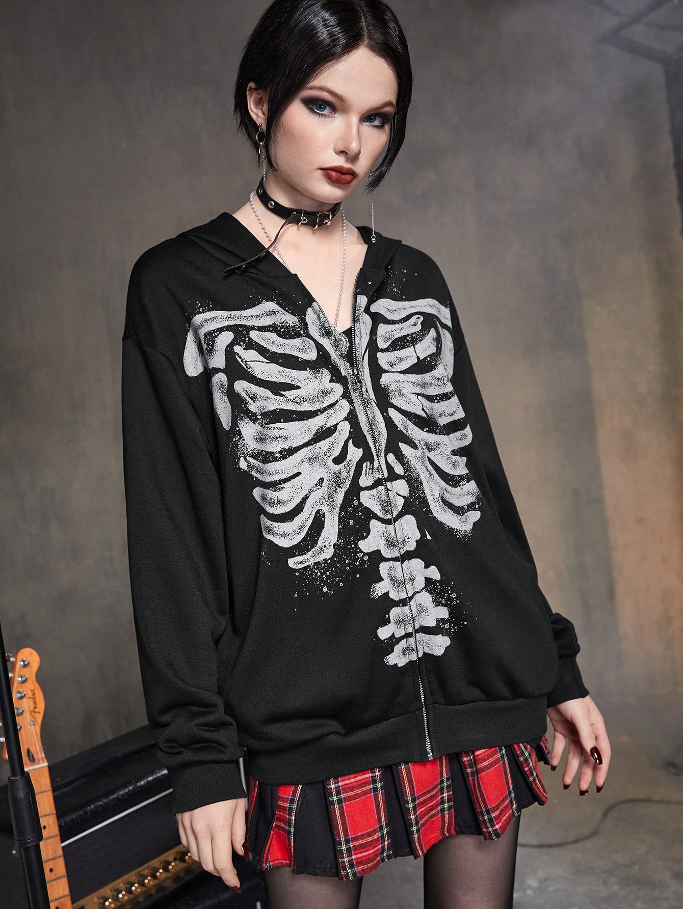 ROMWE Grunge Punk Skeleton Print Zip Up Hoodie