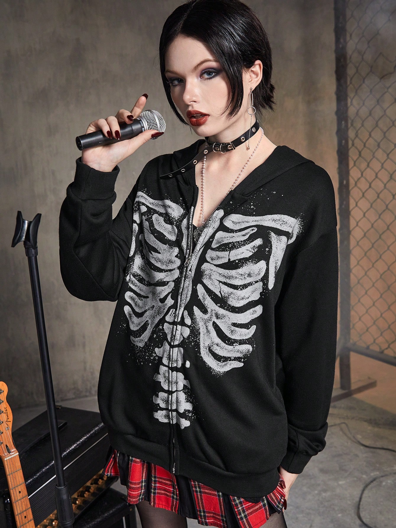 ROMWE Grunge Punk Skeleton Print Zip Up Hoodie