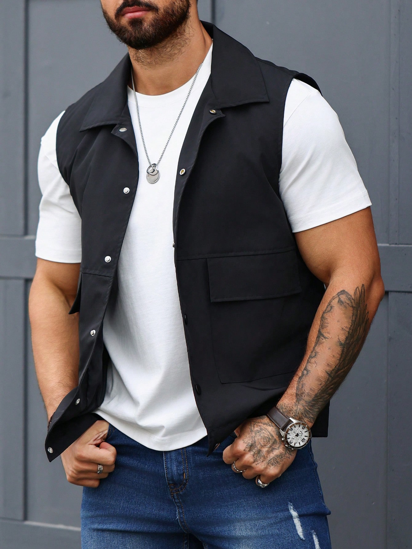 Manfinity Homme Men's Button Up Vest Jacket With Flap Pockets