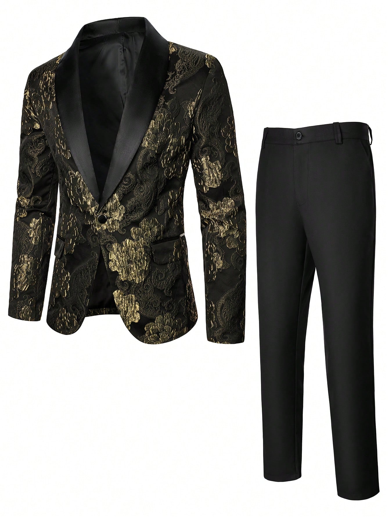 Manfinity AFTRDRK Floral Jacquard Shawl Collar Long Sleeve Suit Jacket And Pants Set For Men